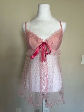 Victoria's Secret Pink Sheer Polka-Dot Babydoll with Hot Pink Ribbon 36C
